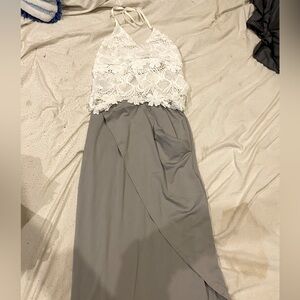 White top and grey skirt combo